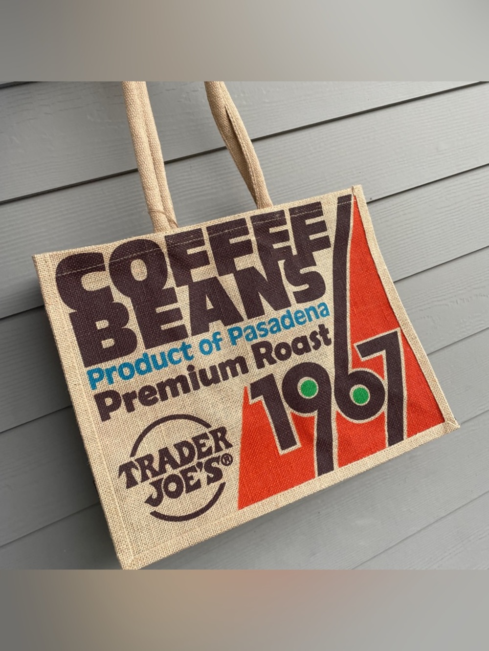 **NEW**Trader Joe's 1967 Pasadena Coffee Beans Jute Reusable Large Tote Bag